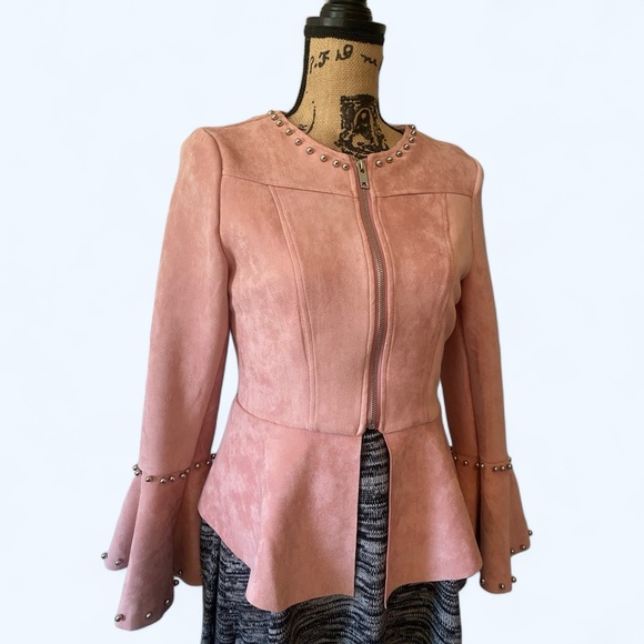 Light Rose Pink Faux Suede Bell Sleeve Jacket - Picture 3 of 12